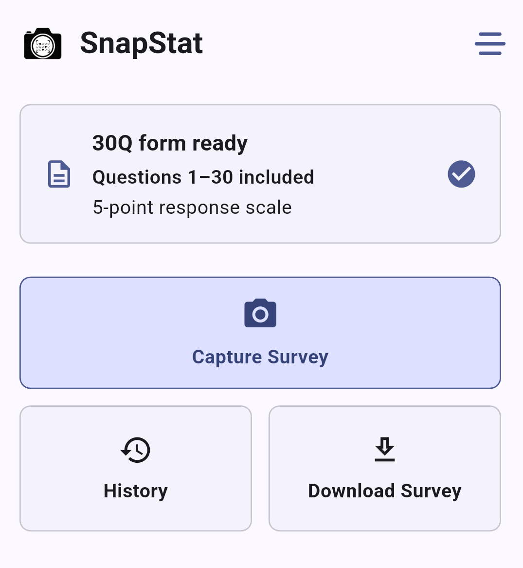 SnapStat home screen showing Capture Survey, History, and Download Survey