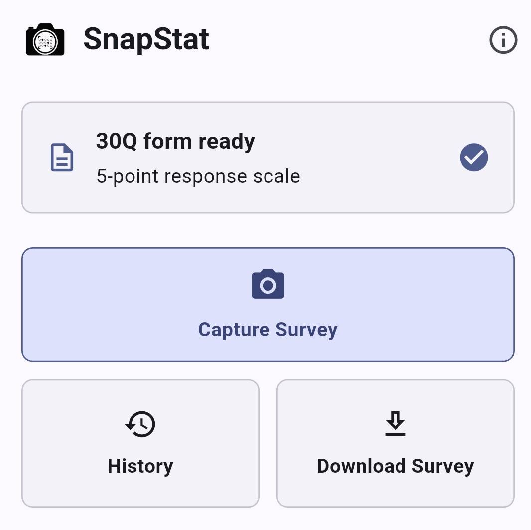 SnapStat home screen with Capture Survey, History, and Download Survey buttons