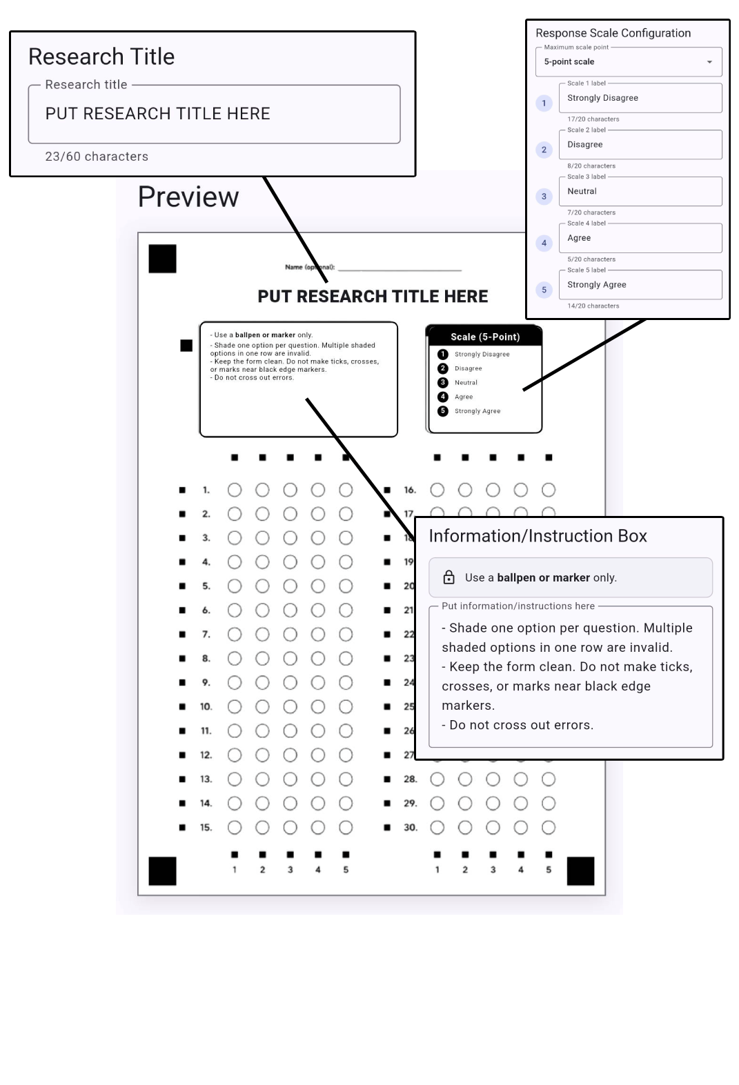 Research title, response scale, and instruction box customization connected to the survey form preview