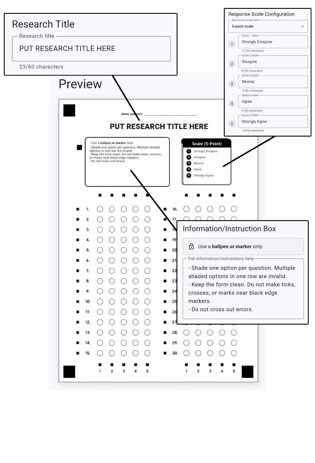 SnapStat custom paper configuration showing research title, response scale, instructions, and form preview