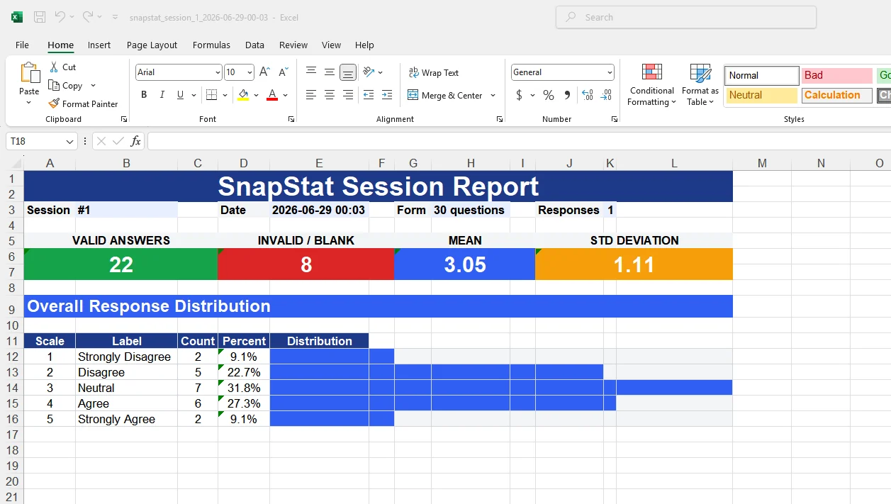 SnapStat survey report exported to Microsoft Excel