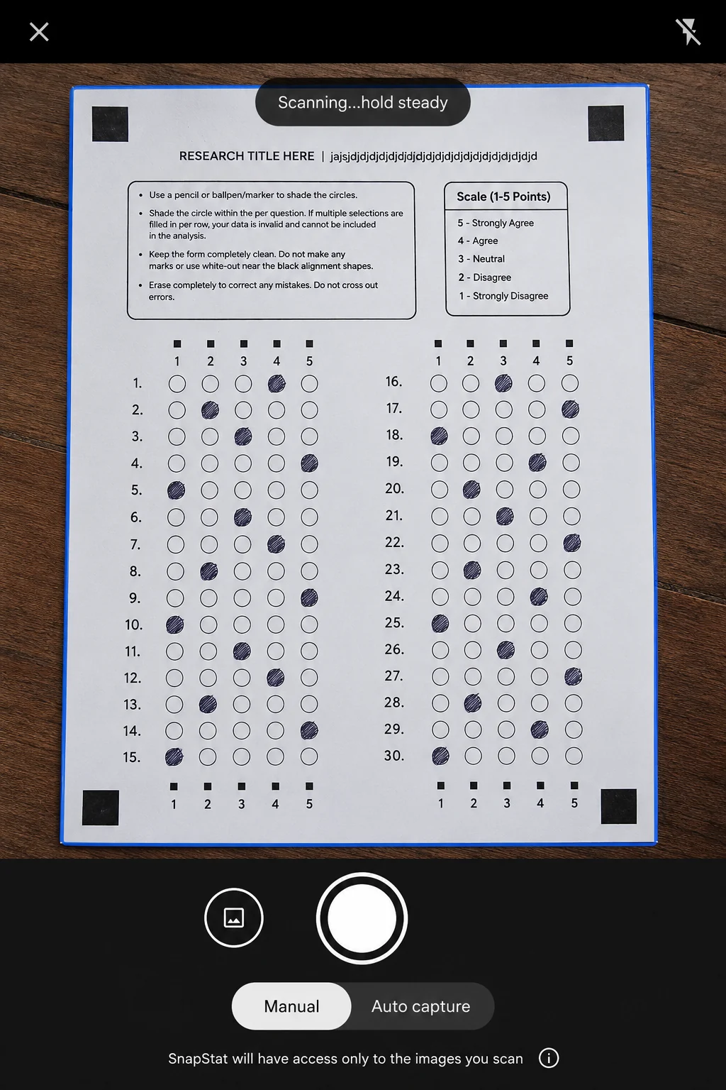 SnapStat actively scanning a completed paper survey