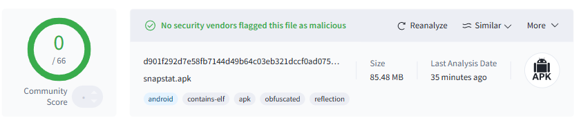 VirusTotal scan result proof for SnapStat APK