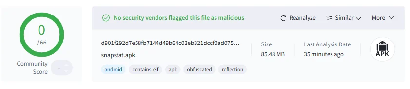 VirusTotal result showing no detections for the SnapStat APK